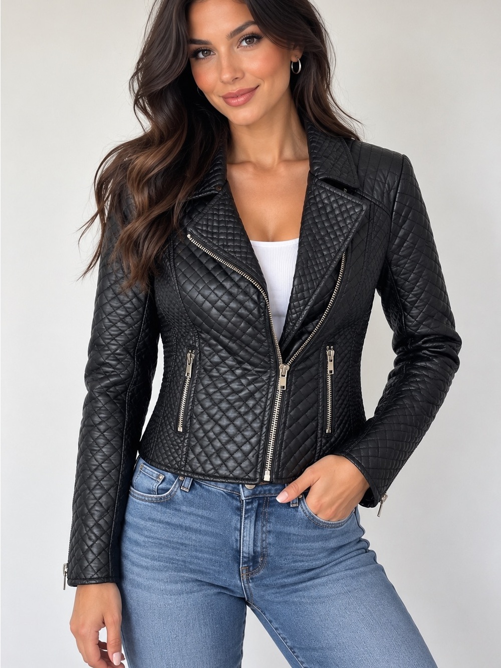 Love Token Quilted Black Faux Leather Moto Jacket Women Biker Size Small Zip